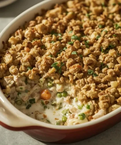 Creamy leftover turkey casserole with a crisp golden stuffing topping