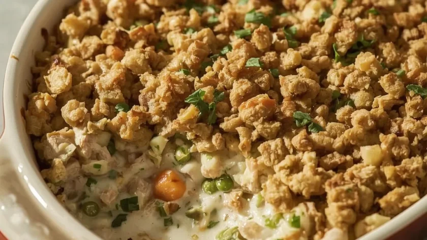 Creamy leftover turkey casserole with a crisp golden stuffing topping