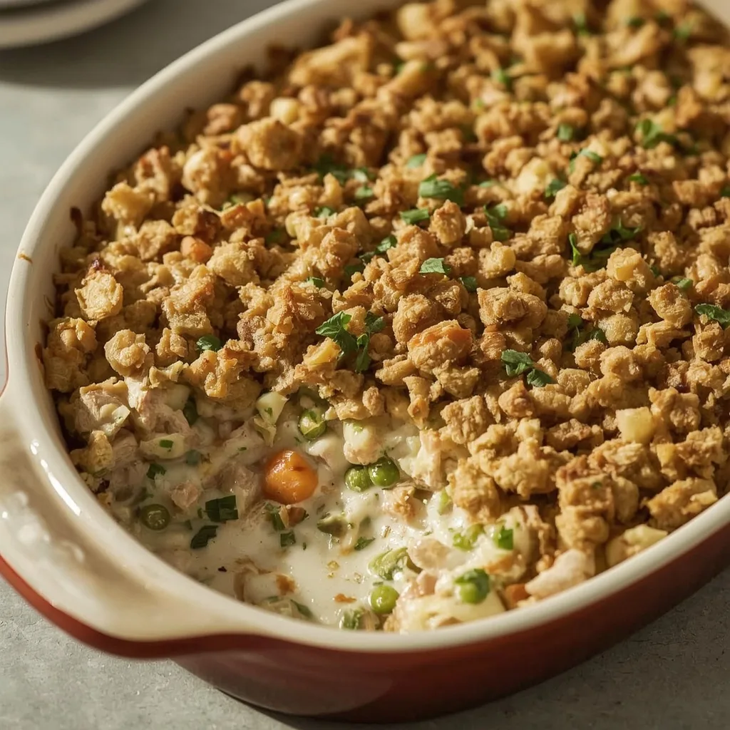 Creamy leftover turkey casserole with a crisp golden stuffing topping