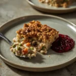 Scoop of leftover turkey casserole with creamy filling and crunchy stuffing crust