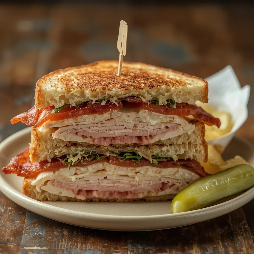 Triple-decker turkey club with turkey bacon, lettuce and tomato