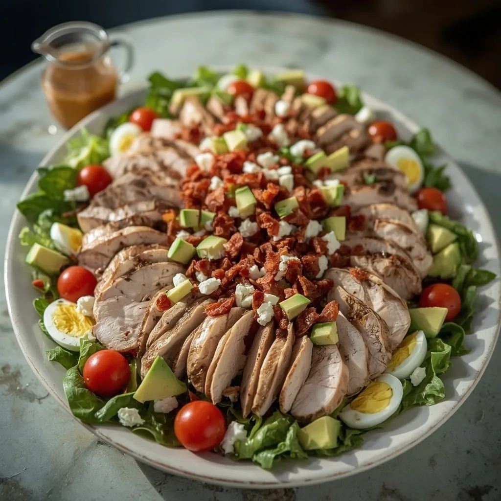 Turkey Cobb salad with sliced turkey breast, eggs, avocado, tomatoes and blue cheese