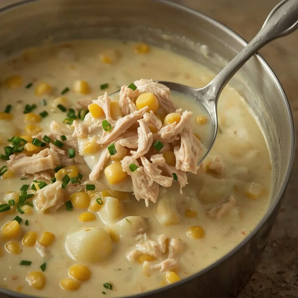 Creamy turkey corn chowder with potatoes and chives