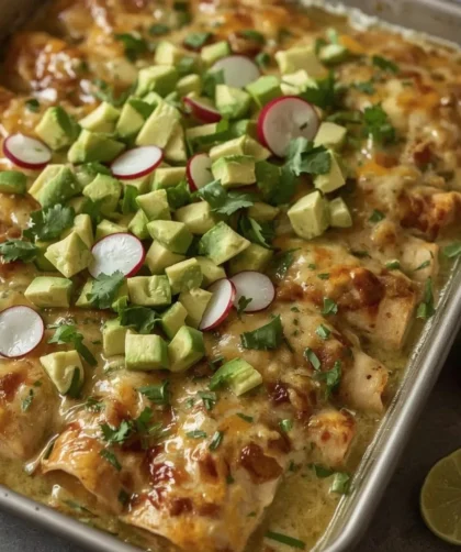 Creamy leftover turkey enchiladas with salsa verde, melted cheese, avocado and cilantro