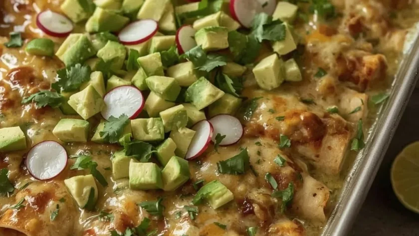 Creamy leftover turkey enchiladas with salsa verde, melted cheese, avocado and cilantro