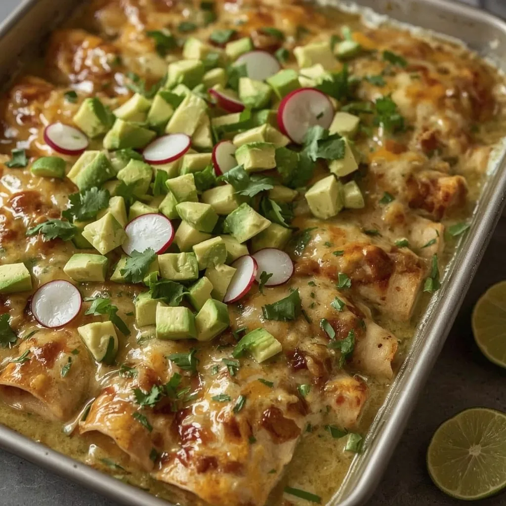 Creamy leftover turkey enchiladas with salsa verde, melted cheese, avocado and cilantro