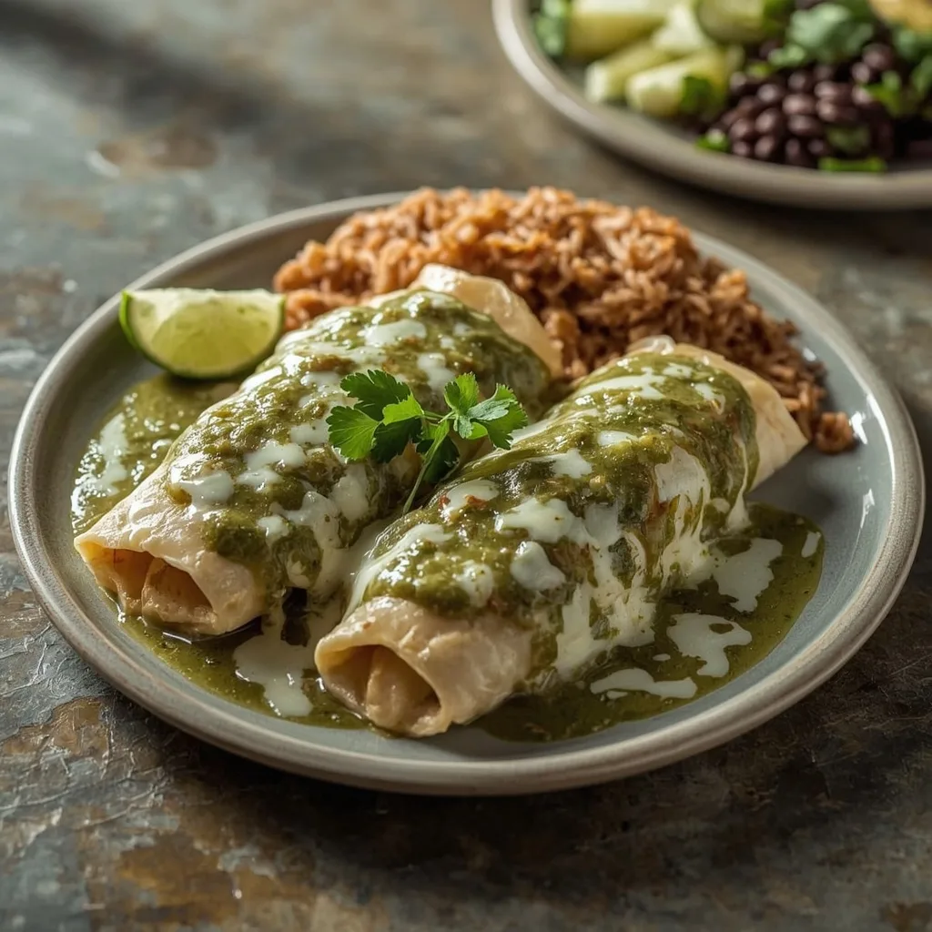 Two turkey enchiladas with green sauce, Mexican rice and black beans