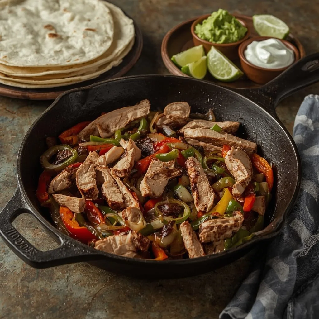 Turkey fajitas with peppers and onions, tortillas, guacamole and lime