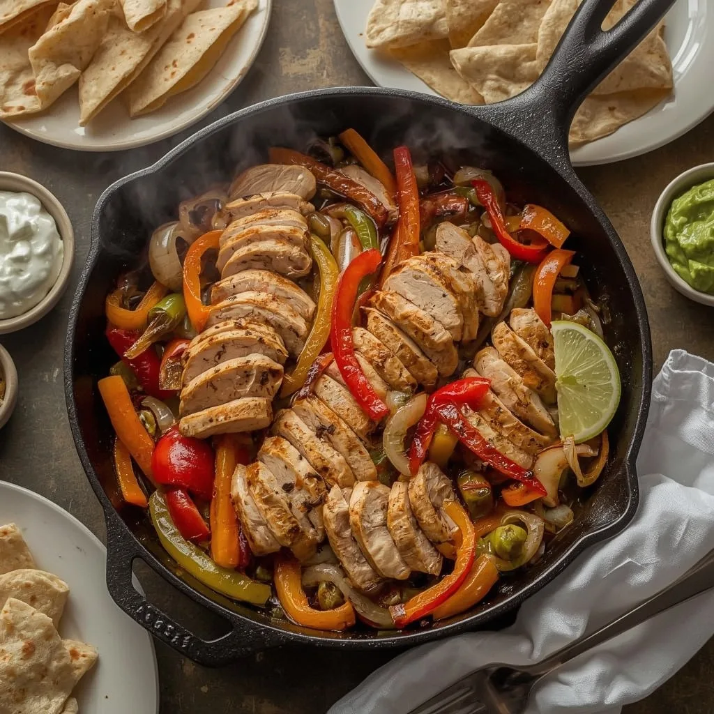 Sizzling turkey fajitas with peppers, tortillas and guacamole
