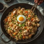 Leftover turkey fried rice in a wok with egg, peas, carrots and green onions