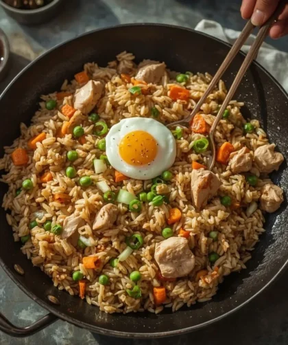 Leftover turkey fried rice in a wok with egg, peas, carrots and green onions
