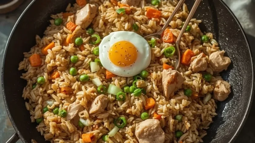 Leftover turkey fried rice in a wok with egg, peas, carrots and green onions