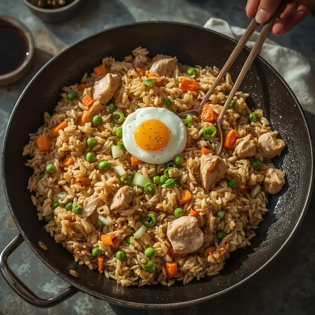 Leftover turkey fried rice in a wok with egg, peas, carrots and green onions
