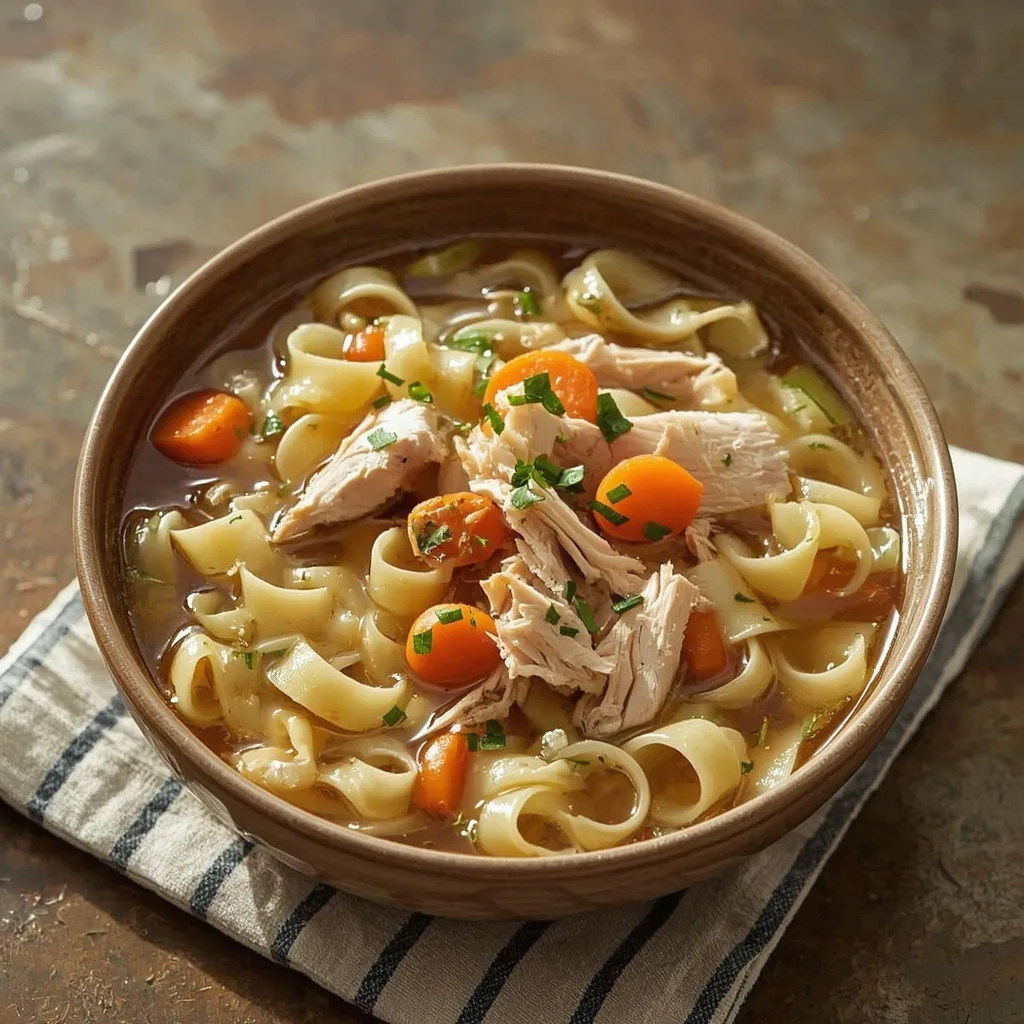 Classic turkey noodle soup with egg noodles, carrots and celery in golden broth