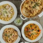Leftover turkey pasta dishes including fettuccine Alfredo, baked ziti and butternut squash pasta