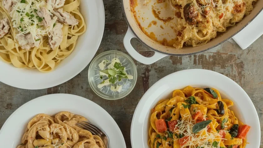 Leftover turkey pasta dishes including fettuccine Alfredo, baked ziti and butternut squash pasta