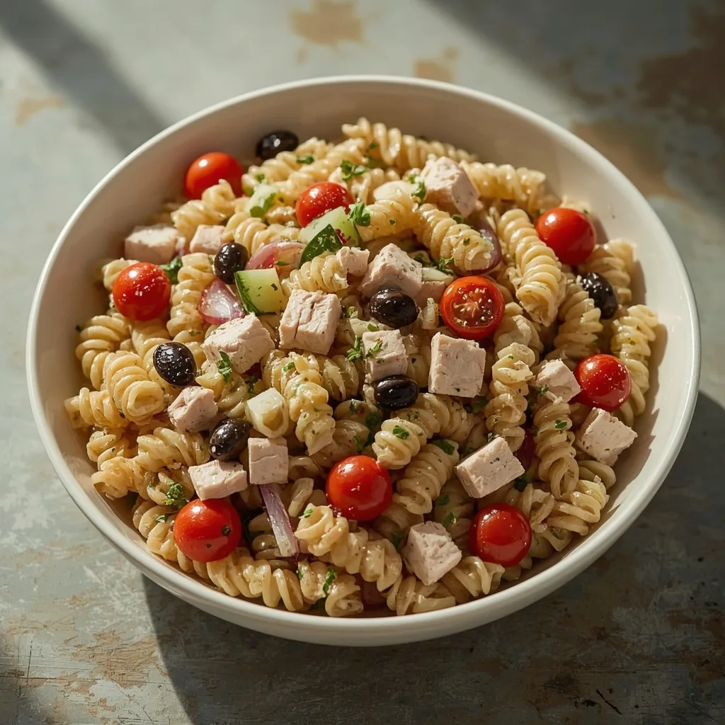 Turkey pasta salad with rotini and vegetables