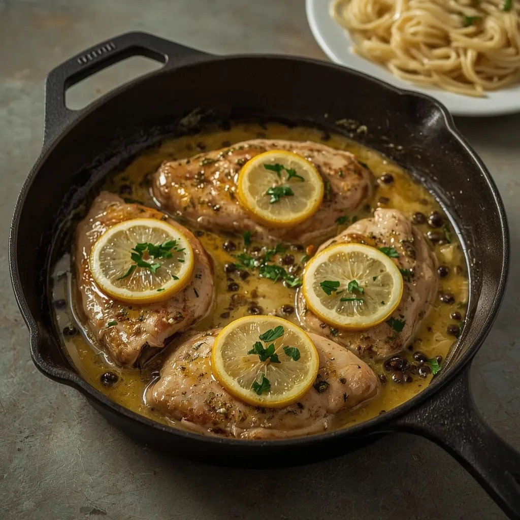 Turkey piccata with lemon butter caper sauce in a skillet