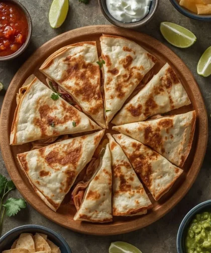 Leftover Turkey Quesadillas cut into wedges with salsa, sour cream and guacamole