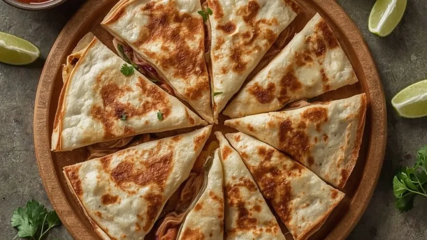 Leftover Turkey Quesadillas cut into wedges with salsa, sour cream and guacamole