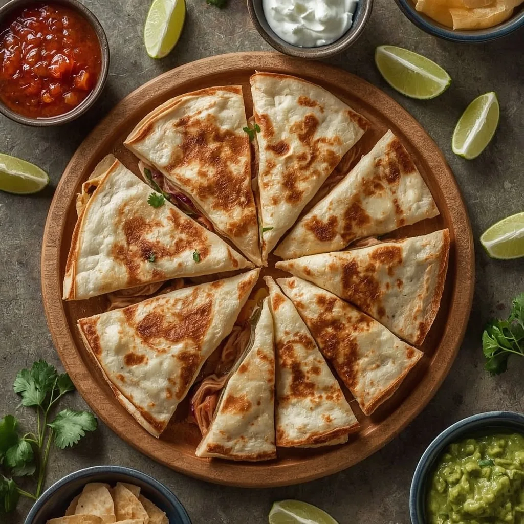 Leftover Turkey Quesadillas cut into wedges with salsa, sour cream and guacamole