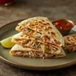 Close-up of a Leftover Turkey Quesadilla wedge with melted cheese, turkey and green chiles