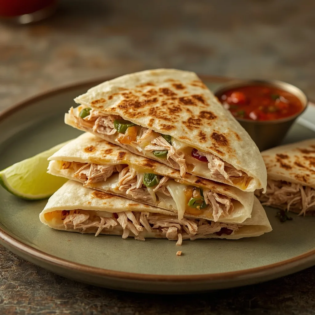 Close-up of a Leftover Turkey Quesadilla wedge with melted cheese, turkey and green chiles