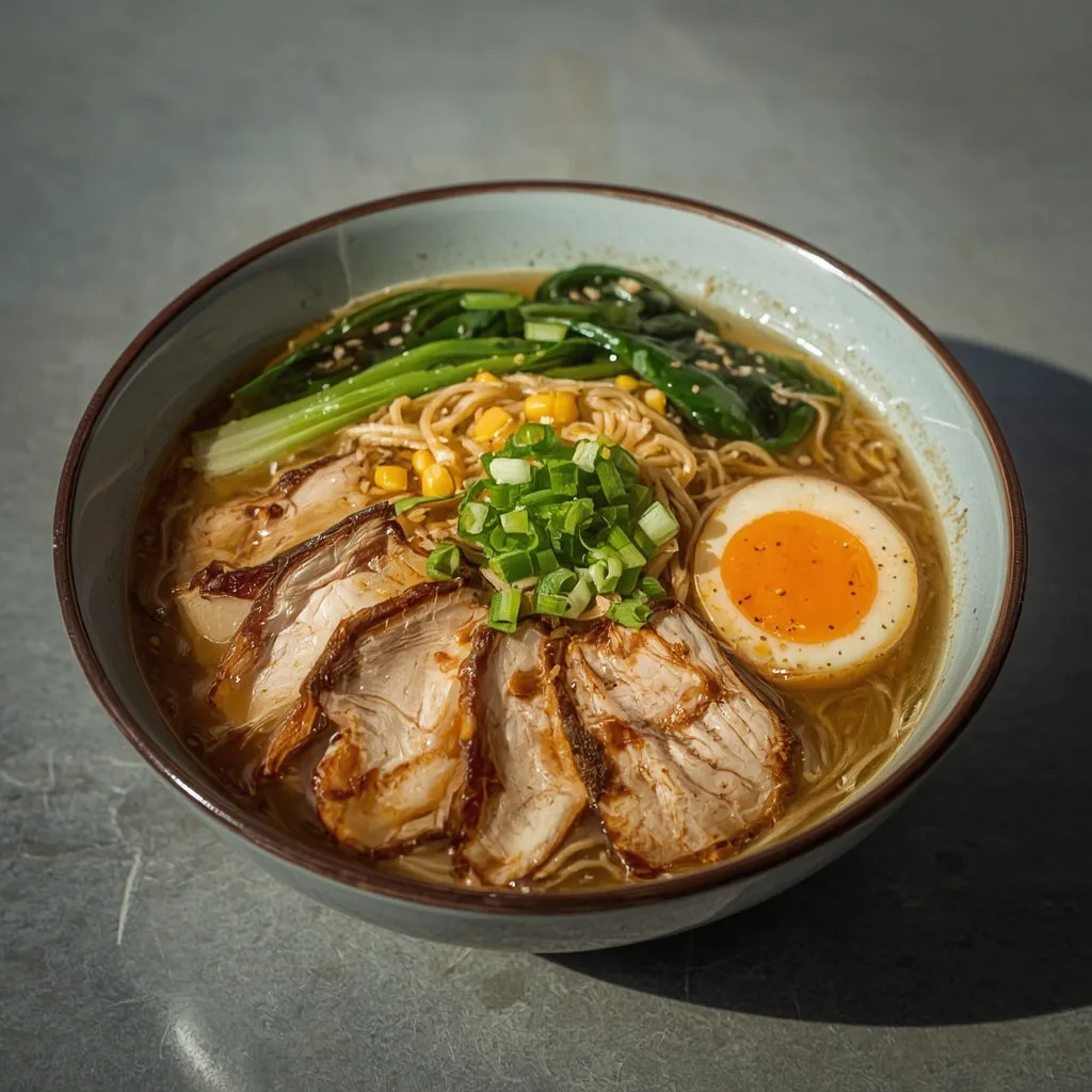 Turkey ramen with noodles, egg, bok choy and green onions