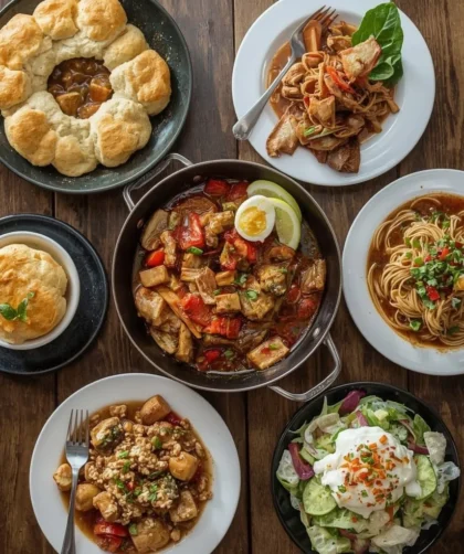 Leftover turkey dinners including biscuit pot pie, ramen, fajitas, gumbo and salad bowls