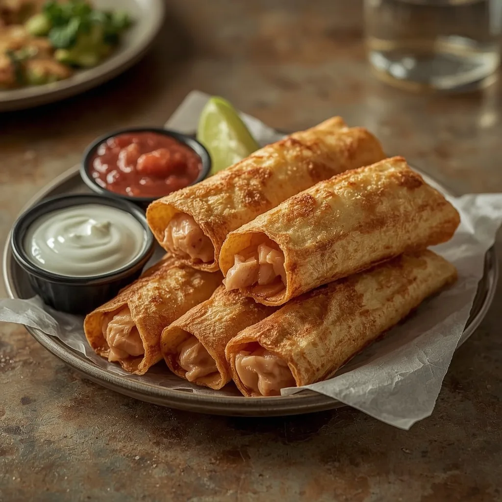 Crispy baked turkey taquitos with guacamole and salsa