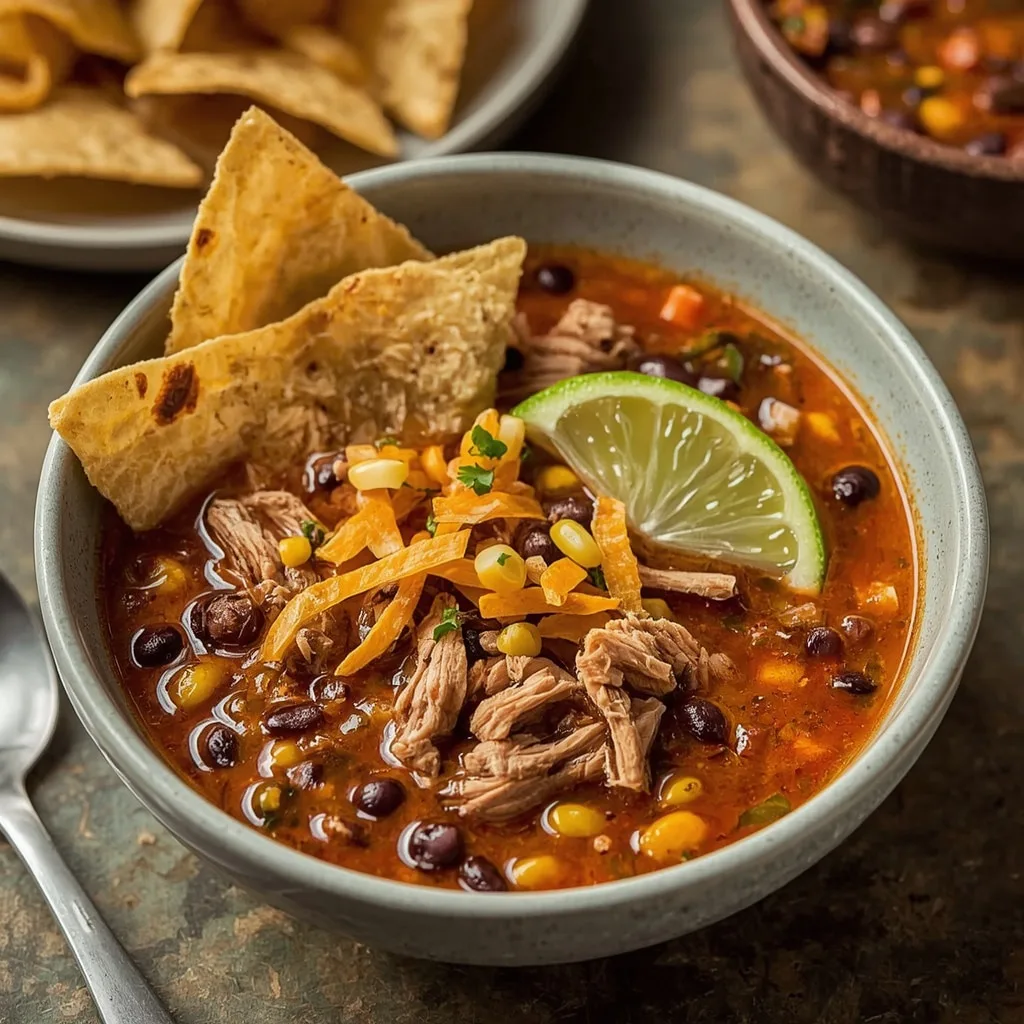 Turkey tortilla soup with tortilla strips and avocado