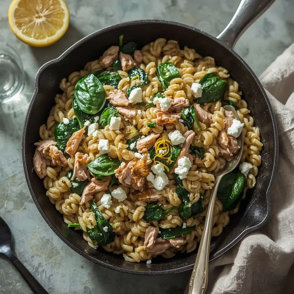 Lemon garlic turkey orzo with spinach and feta in a skillet