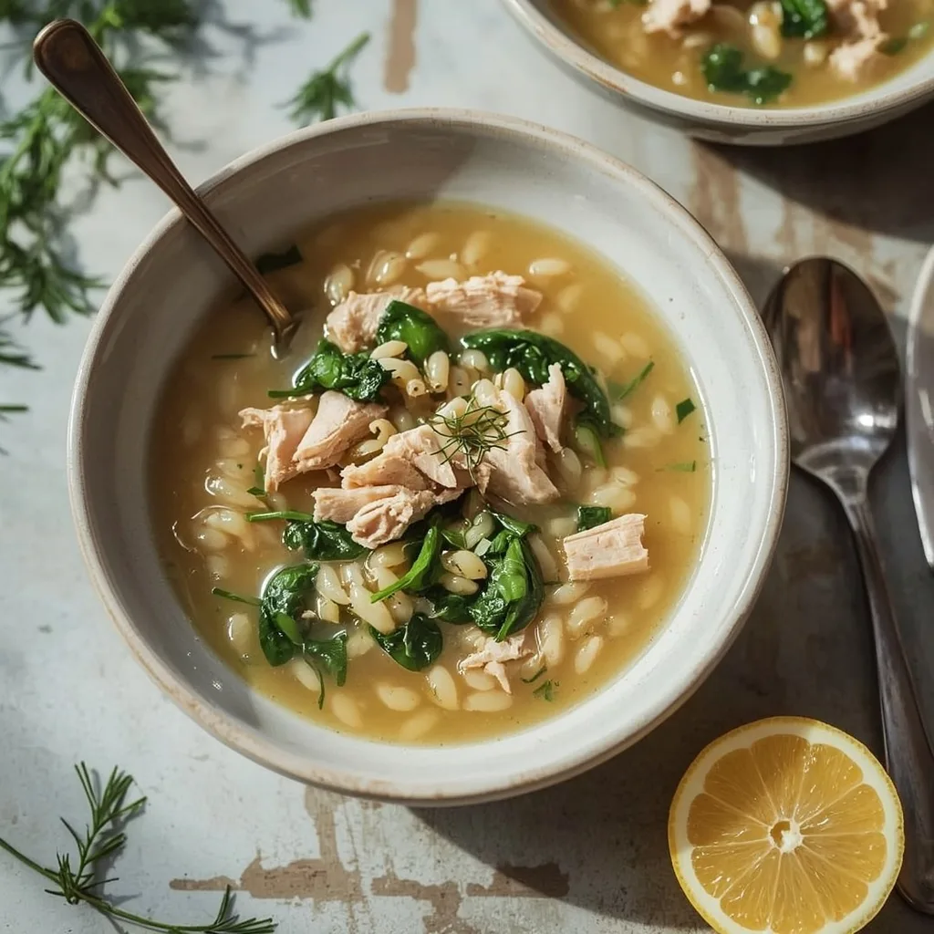 Lemon turkey orzo soup with spinach and dill beside a halved lemon