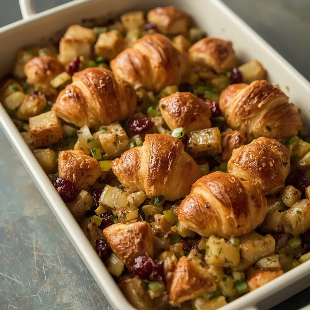 Make-ahead croissant stuffing with cranberries and herbs