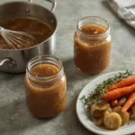 Make-Ahead Turkey Gravy in glass jars beside a saucepan of gravy and roasted vegetables