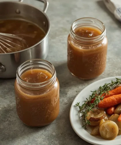 Make-Ahead Turkey Gravy in glass jars beside a saucepan of gravy and roasted vegetables