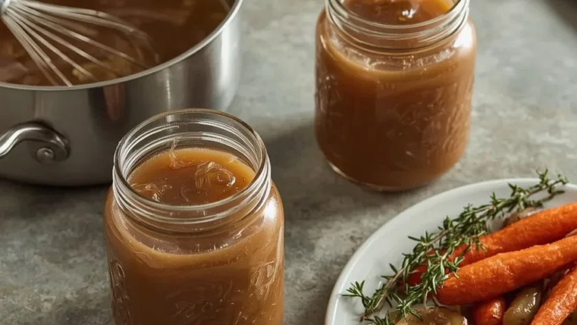 Make-Ahead Turkey Gravy in glass jars beside a saucepan of gravy and roasted vegetables