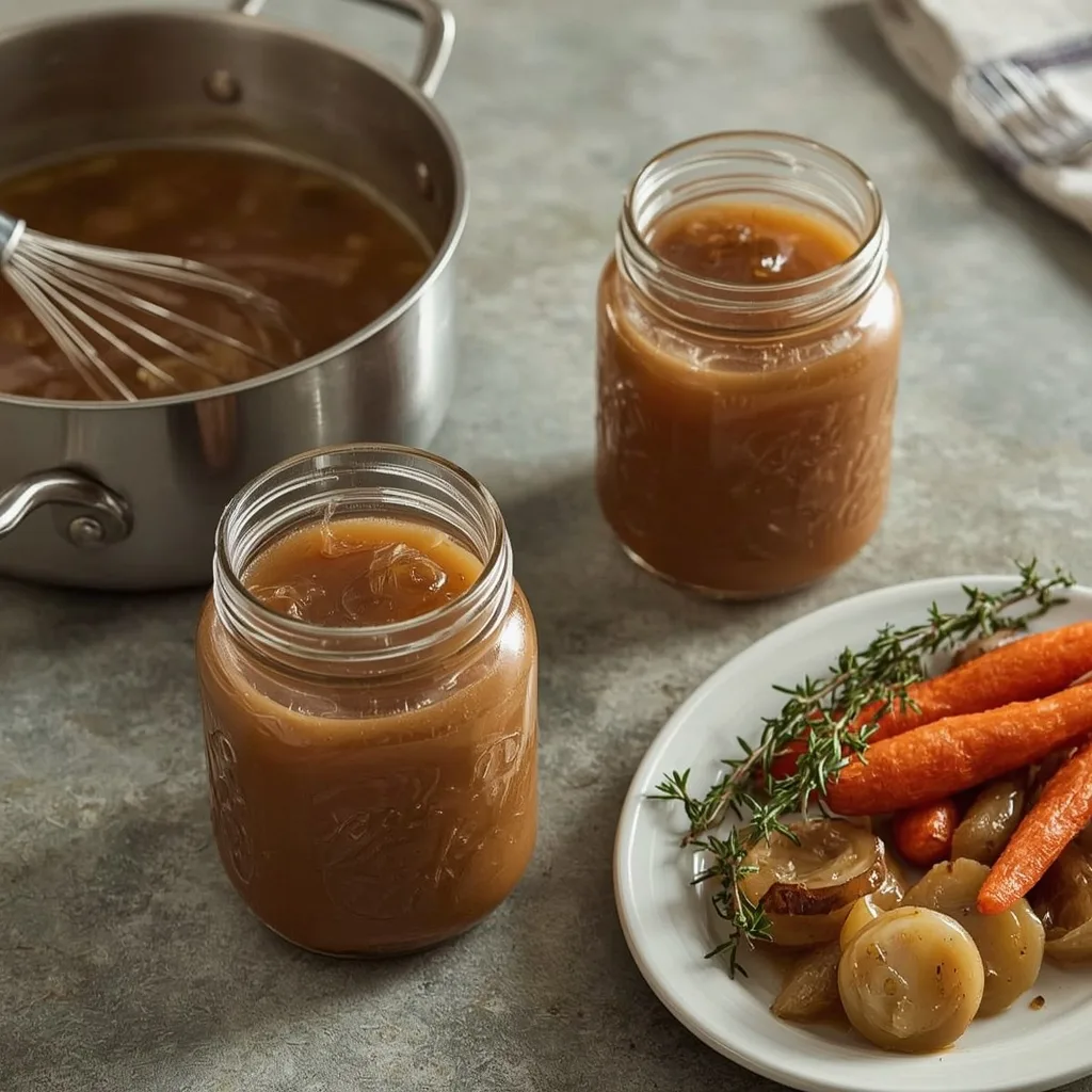 Make-Ahead Turkey Gravy in glass jars beside a saucepan of gravy and roasted vegetables