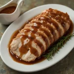 Sliced roast turkey covered with make-ahead turkey gravy on a white platter