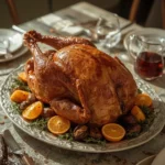 Maple glazed turkey with glossy amber skin on a platter with oranges and fresh thyme