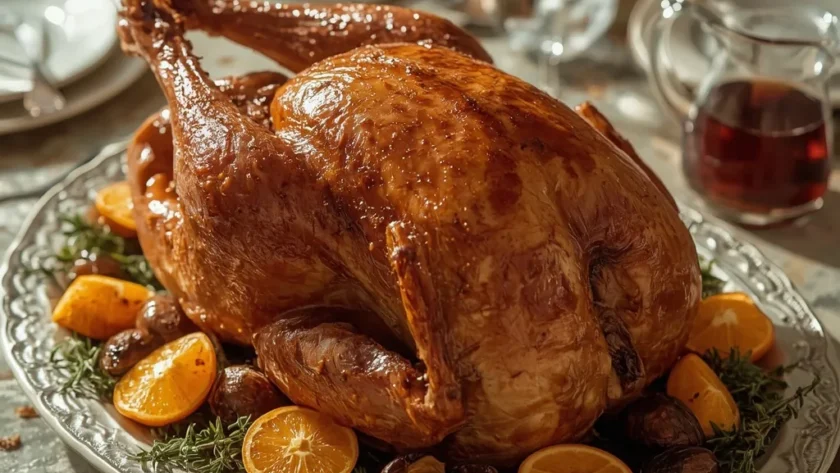 Maple glazed turkey with glossy amber skin on a platter with oranges and fresh thyme