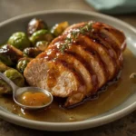 Sliced maple glazed turkey breast with sticky amber skin and roasted Brussels sprouts