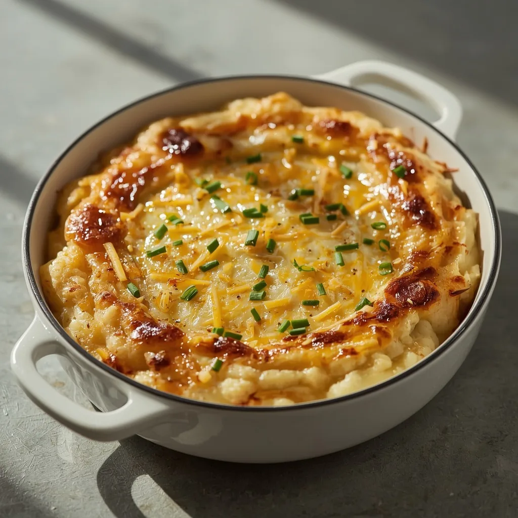 Creamy mashed potato casserole with a golden top and chives