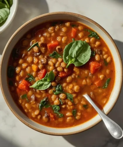 Mediterranean Spicy Lentil Soup with Spinach
