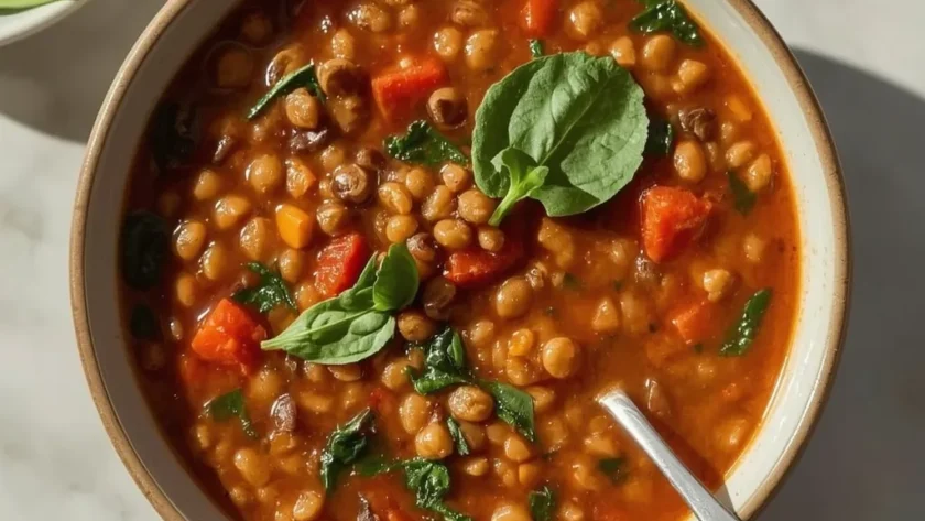 Mediterranean Spicy Lentil Soup with Spinach