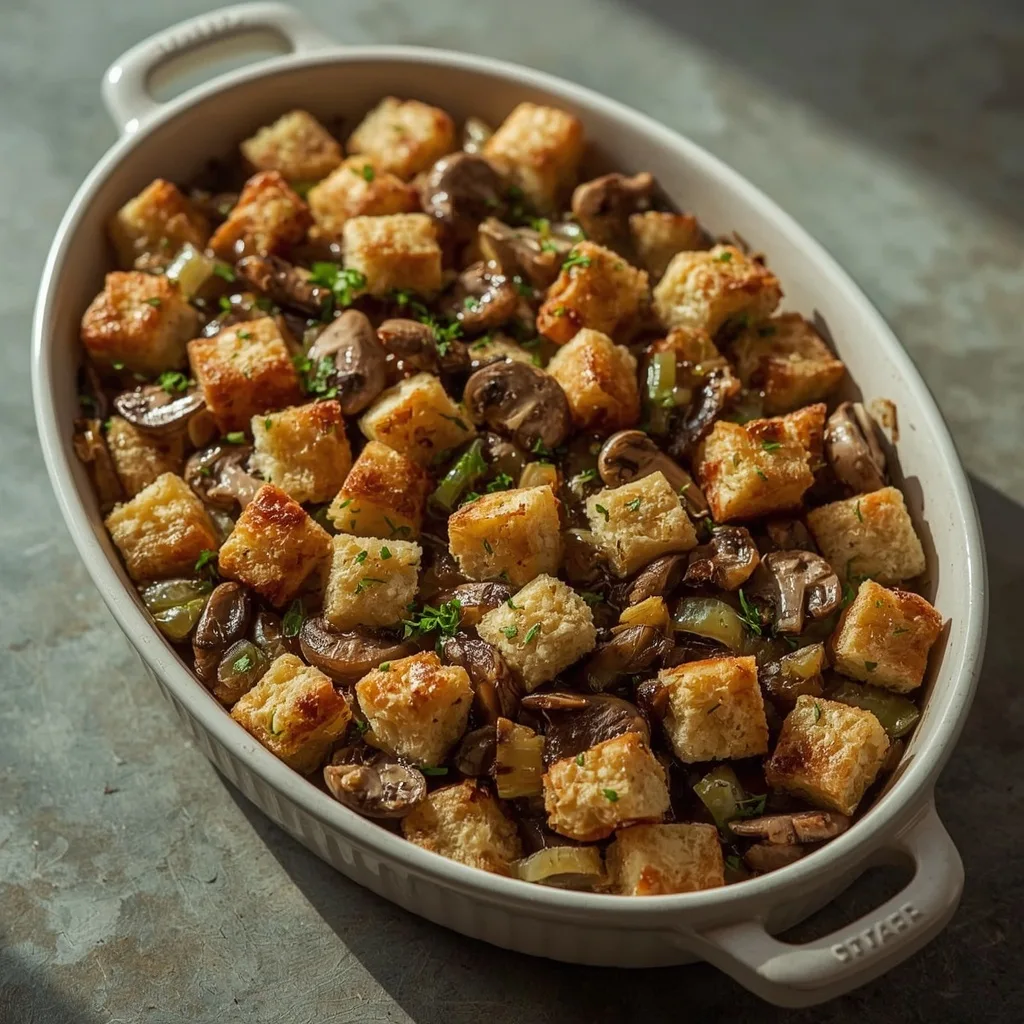 Mushroom and leek stuffing in an oval baking dish