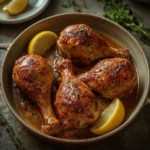 Four crispy oven roasted turkey legs with golden paprika skin in a baking dish