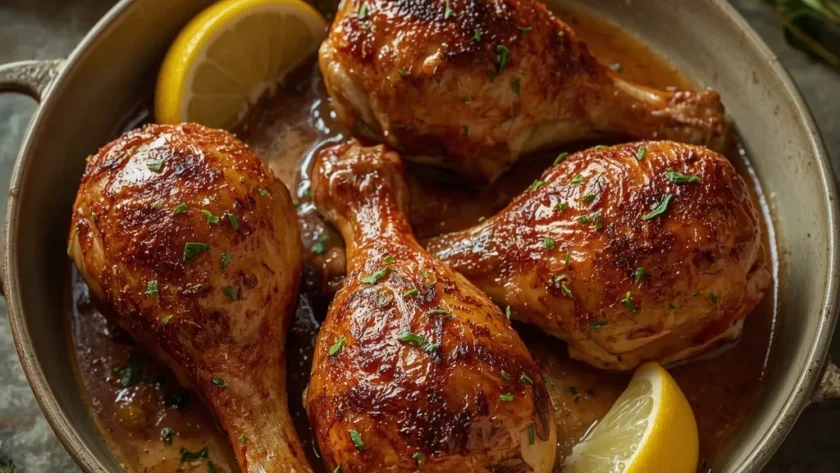Four crispy oven roasted turkey legs with golden paprika skin in a baking dish