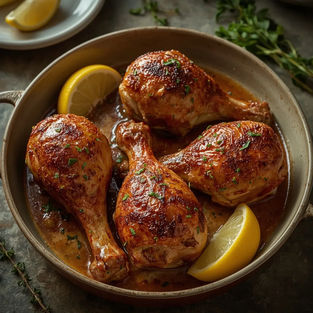 Four crispy oven roasted turkey legs with golden paprika skin in a baking dish