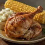 Roasted turkey leg with crisp skin and tender meat, mashed potatoes and corn